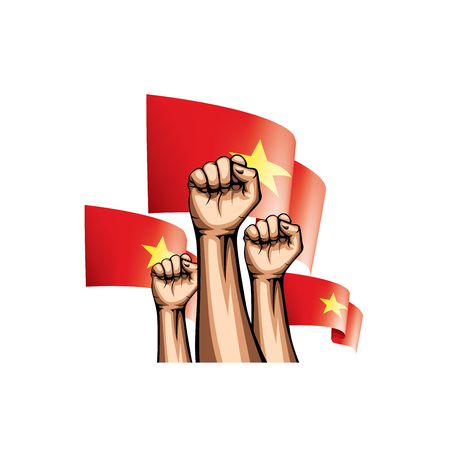 Vietnam flag and hand on white background. Vector illustration.のイラスト素材