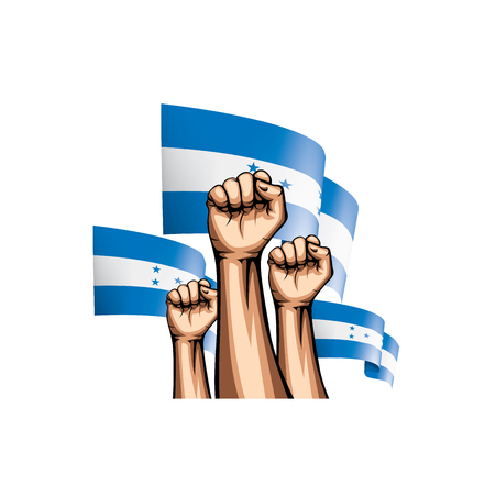 Honduras flag and hand on white background. Vector illustration.のイラスト素材