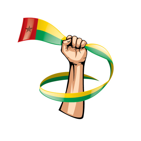 Guinea Bissau flag and hand on white background. Vector illustration.のイラスト素材