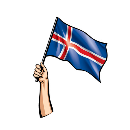 Iceland flag and hand on white background. Vector illustration.のイラスト素材
