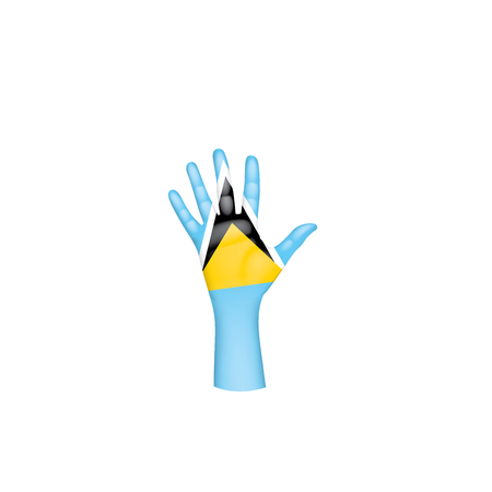 Saint Lucia flag and hand on white background. Vector illustration.のイラスト素材