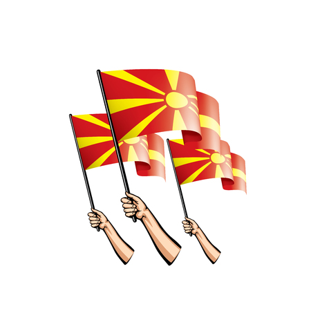 Macedonia flag and hand on white background. Vector illustration.のイラスト素材