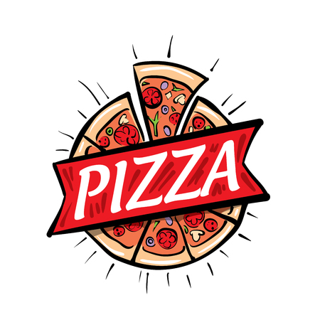 Logo of a sketched pizza. Vector illustration on white backgroundのイラスト素材