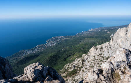 View of the city of Yalta, mountains and sea. Republic of Crimea, Russia. On the morning of...