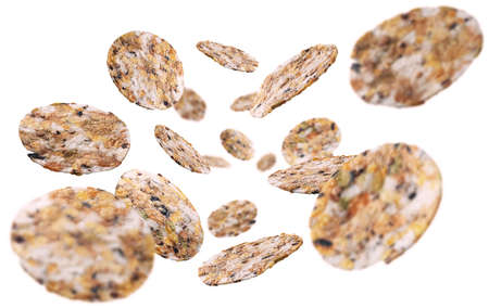 Round Crispbread levitate on a white background