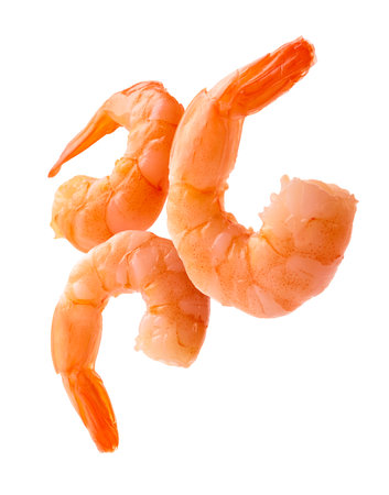Boiled prawns levitate on a white backgroundの写真素材