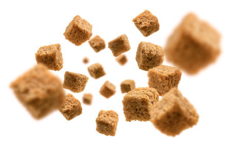 Bread croutons levitate on a white backgroundの写真素材