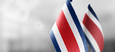 Small national flags of the Costa Rica on a light blurry background