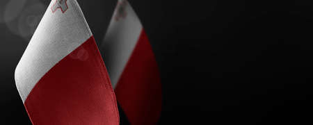 Small national flags of the Malta on a dark backgroundの写真素材