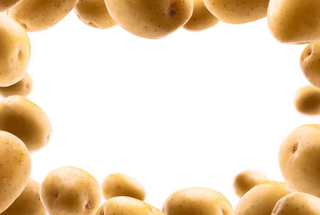 Golden potatoes levitate on a white backgroundの写真素材