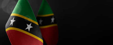 Small national flags of the Saint Kitts and Nevis on a dark background
