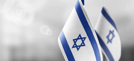 Small national flags of the Israel on a light blurry background