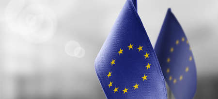 Small national flags of the European Union on a light blurry background