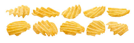 A set of fluted potato chips. Isolated on a white backgroundの写真素材