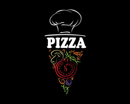 Hand drawn vector pizza logo on black backgroundのイラスト素材