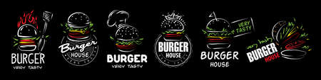 Hand drawn set of vector burger on black backgroundのイラスト素材