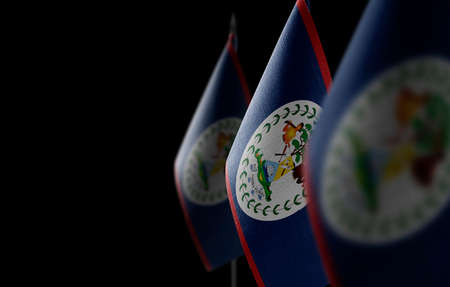 Small national flags of the Belize on a black backgroundの写真素材