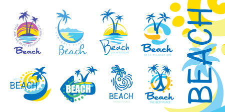 A set of vector icons for the beach with the image of a palm tree and the seaのイラスト素材
