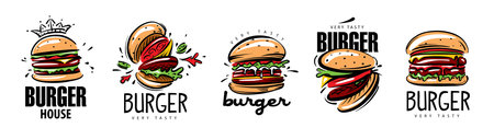 Hand drawn set of vector burger icon on white backgroundのイラスト素材