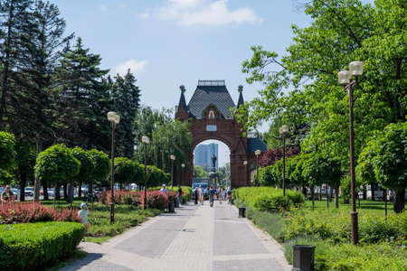 Krasnaya Street in the city of Krasnodar in Russia. A clear sunny day on May 24, 2021のeditorial素材