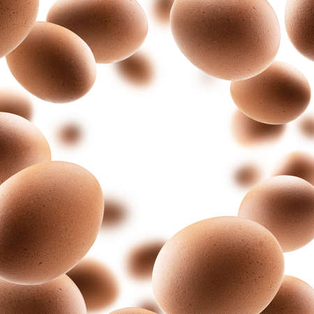 Brown chicken eggs levitate on a white background