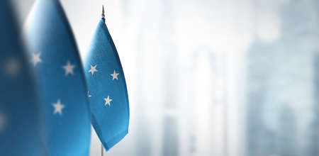 Small flags of Federated States Micronesia on a blurry background of the city