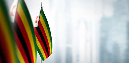 Small flags of Zimbabwe on a blurry background of the cityの写真素材