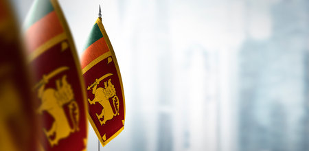 Small flags of Sri Lanka on a blurry background of the cityの写真素材