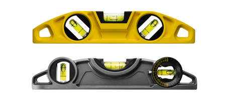 Yellow and grey water level meter on white background