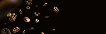 Coffee beans in flight on a dark backgroundの写真素材
