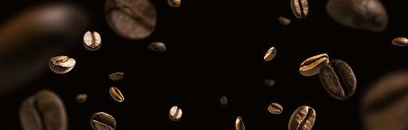 Coffee beans in flight on a dark backgroundの写真素材