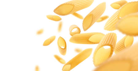 Italian pasta levitating on a white background