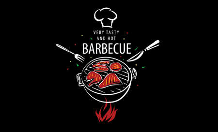 Drawn vector barbecue isolated on black backgroundのイラスト素材