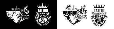 Set of vector  for tattoo salon on white and black backgroundのイラスト素材