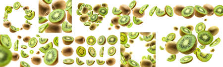 A set of photos. Kiwi fruit levitating on a white backgroundの写真素材