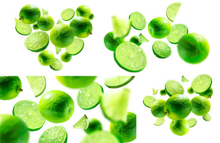 A set of photos. green lime levitated on a white backgroundの写真素材