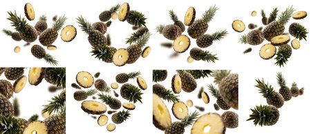 A set of photos. Ripe pineapples levitate on a white backgroundの写真素材