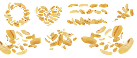A set of photos. Bulgur grains levitate on a white background