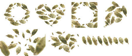 A set of photos. Cardamom pods levitate on a white backgroundの写真素材
