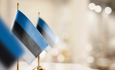 Small flags of the Estonia on an abstract blurry backgroundの写真素材