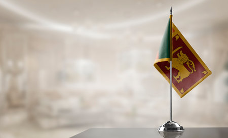 A small Sri Lanka flag on an abstract blurry background.の写真素材