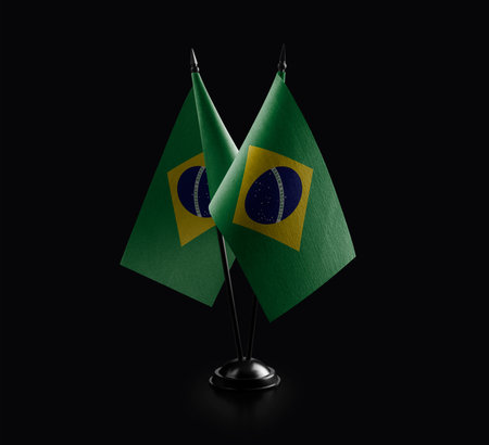 Small national flags of the Brazil on a black background.の写真素材