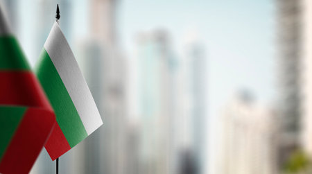 Small flags of the Bulgaria on an abstract blurry background.の写真素材
