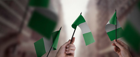 A group of people holding small flags of the Nigeria in their hands.の写真素材