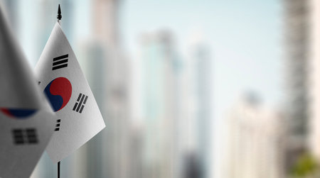 Small flags of the South Korean on an abstract blurry background.の写真素材