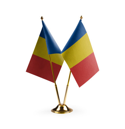 Small national flags of the Romania on a white background.の写真素材
