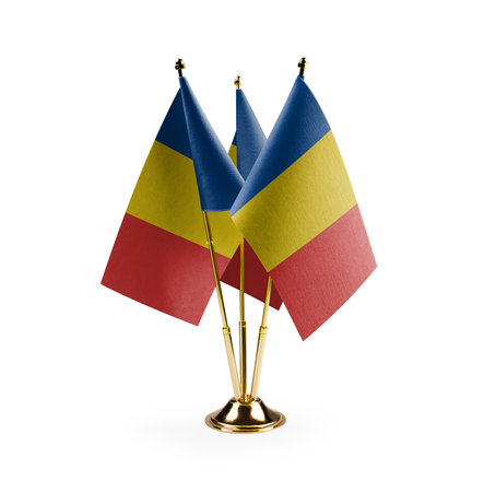 Small national flags of the Romania on a white background.の写真素材