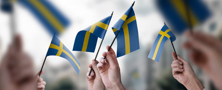 A group of people holding small flags of the Sweden in their hands.の写真素材