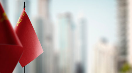 Small flags of the USSR on an abstract blurry background.の写真素材