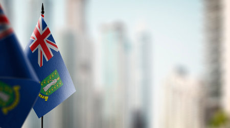 Small flags of the British Virgin Islands on an abstract blurry background.の写真素材